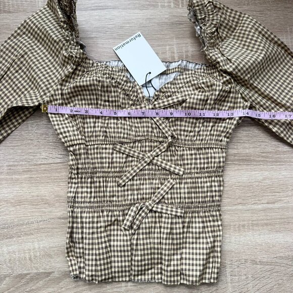 NWT Reformation Lauryn Checkered Quarter Sleeve Bow Top Brown 8 - Picture 8 of 17
